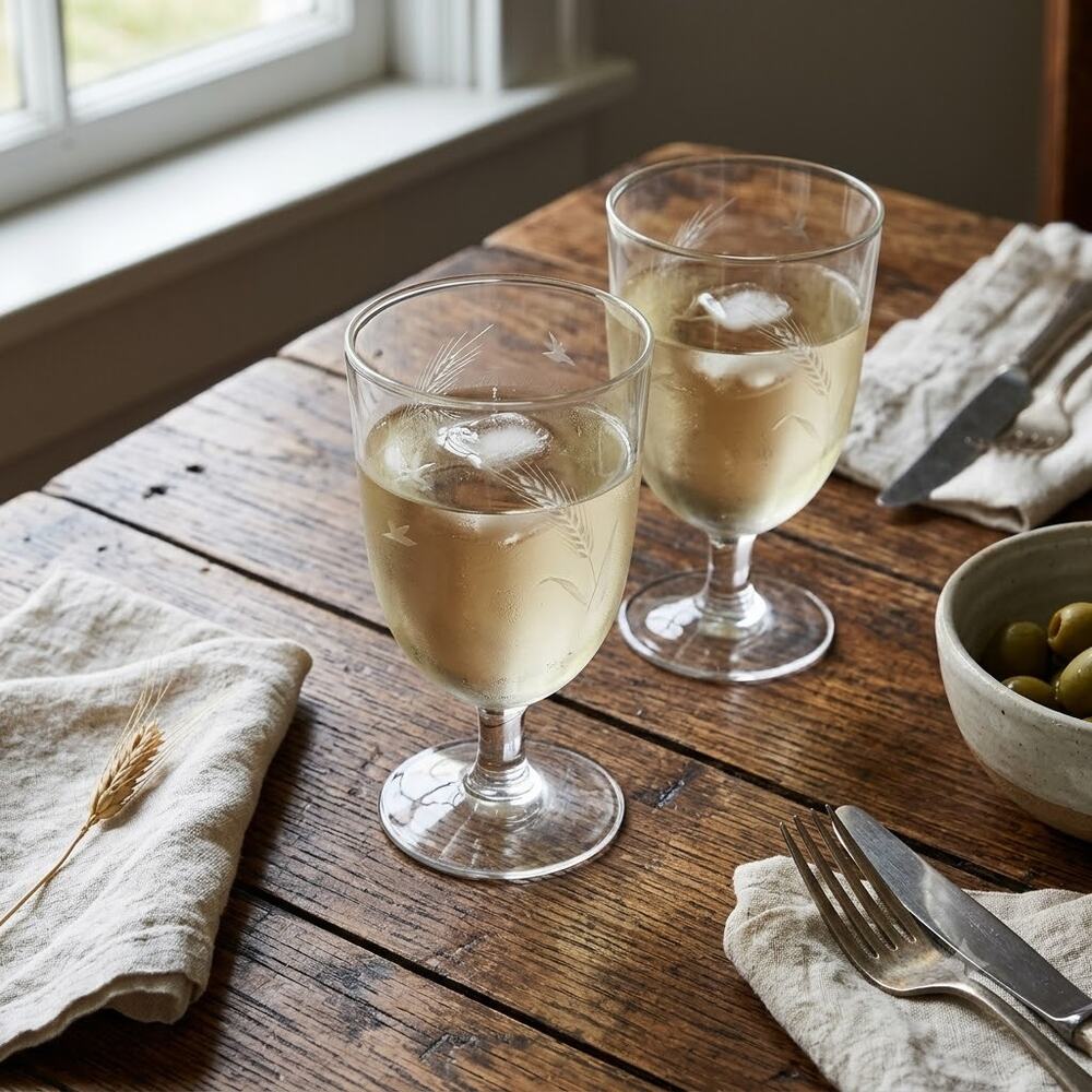 Vintage Etched Wheat Crystal Stemmed Goblets / Wine Glasses - Pair